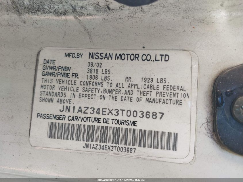 2003 Nissan 350Z Touring VIN: JN1AZ34EX3T003687 Lot: 43639257