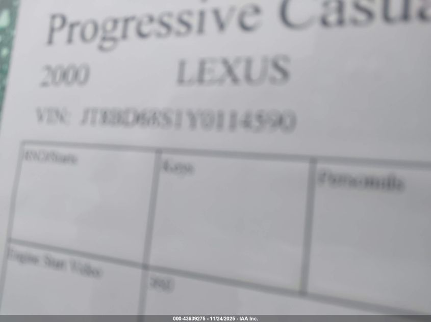 2000 Lexus Gs 300 VIN: JT8BD68S1Y0114590 Lot: 43639275