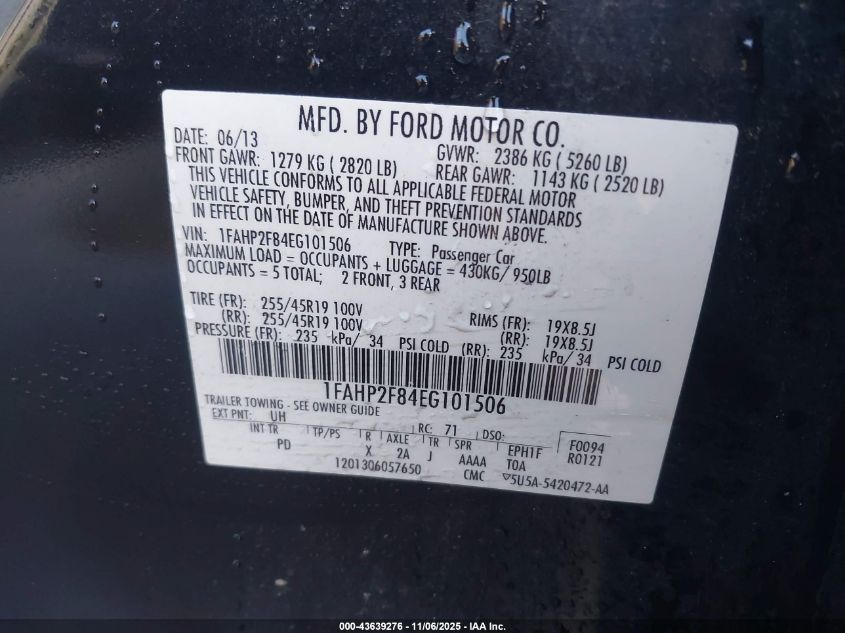 2014 Ford Taurus Limited VIN: 1FAHP2F84EG101506 Lot: 43639276