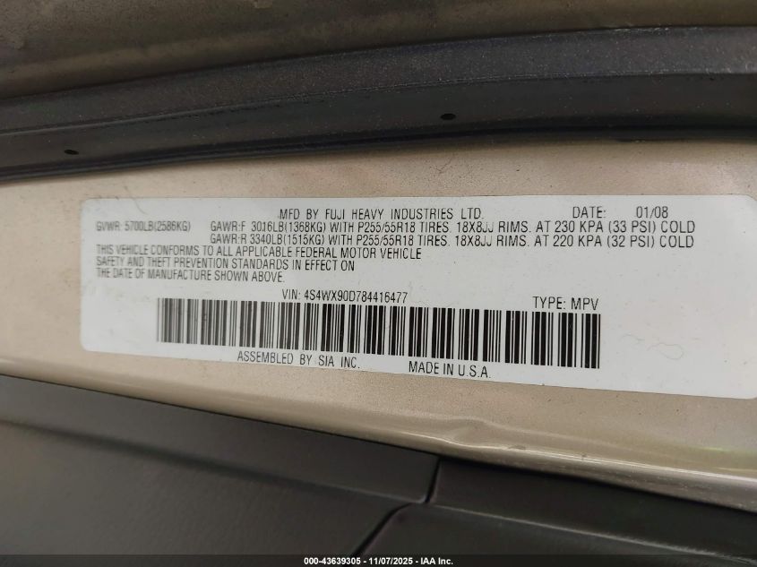 2008 Subaru Tribeca Limited 7-Passenger VIN: 4S4WX90D784416477 Lot: 43639305