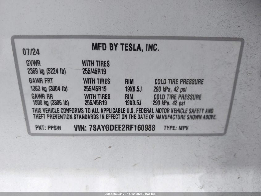 2024 Tesla Model Y Long Range Dual Motor All-Wheel Drive VIN: 7SAYGDEE2RF160988 Lot: 43639312