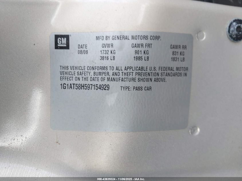 2009 Chevrolet Cobalt Lt VIN: 1G1AT58H597154929 Lot: 43639324