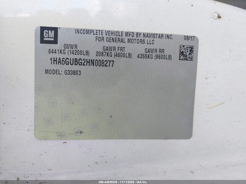 2017 Chevrolet Express Cutaway 4500 Series VIN: 1HA6GUBG2HN008277 Lot: 43639339