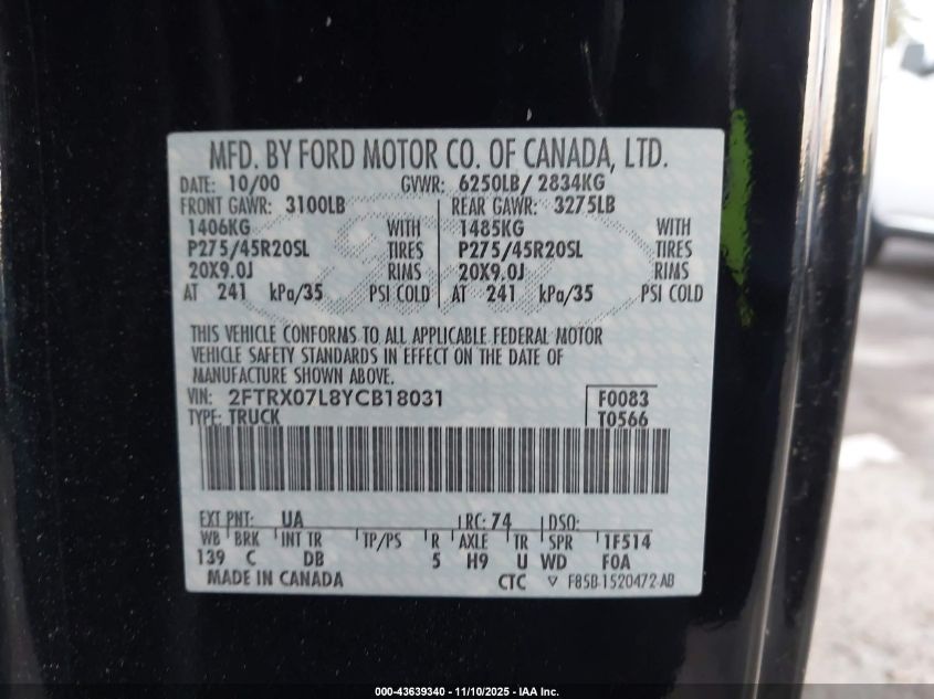 2000 Ford F-150 Lariat/Xl/Xlt VIN: 2FTRX07L8YCB18031 Lot: 43639340