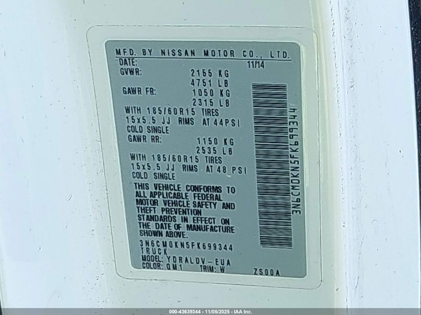 2015 Nissan Nv200 S VIN: 3N6CM0KN5FK699344 Lot: 43639344