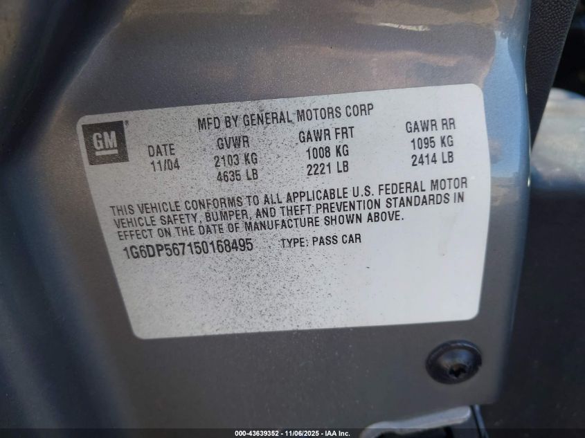 2005 Cadillac Cts Standard VIN: 1G6DP567150168495 Lot: 43639352