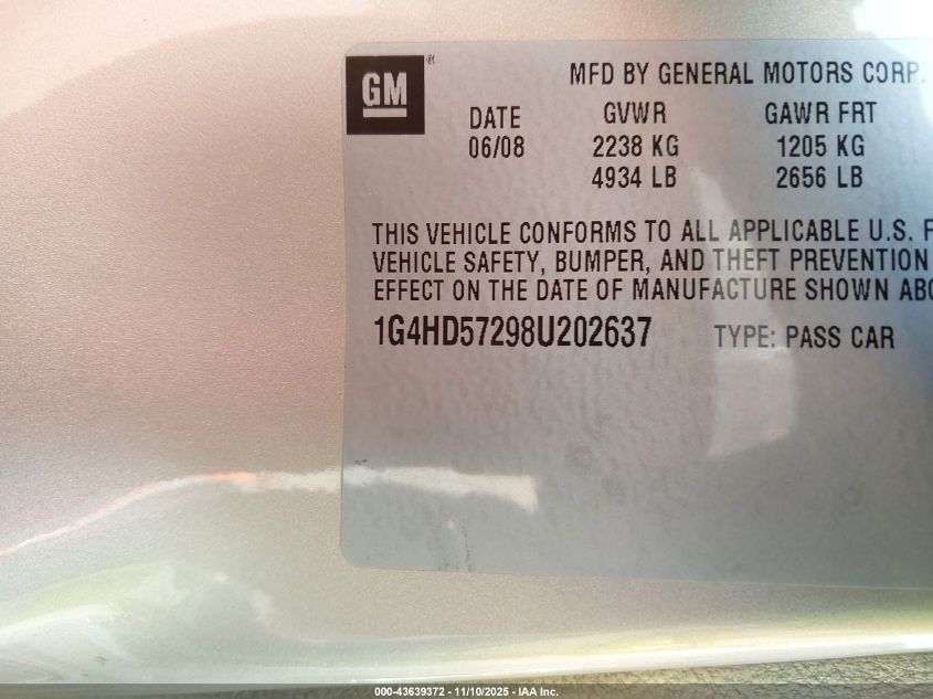 2008 Buick Lucerne Cxl VIN: 1G4HD57298U202637 Lot: 43639372