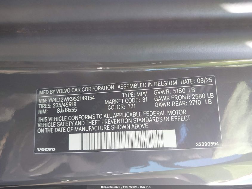 2025 Volvo V60 Cross Country B5 Plus VIN: YV4L12WK9S2149154 Lot: 43639376