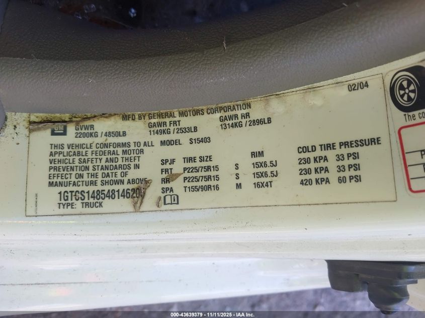 2004 GMC Canyon Sl VIN: 1GTCS148548146205 Lot: 43639379