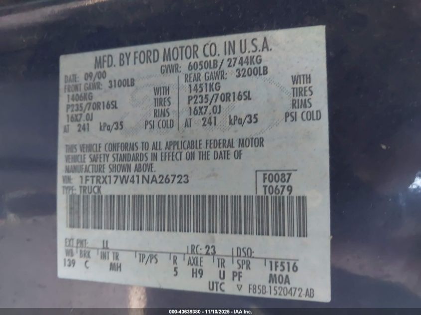 2001 Ford F-150 Lariat/Xl/Xlt VIN: 1FTRX17W41NA26723 Lot: 43639380