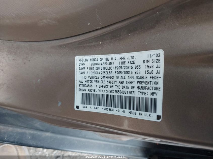 2004 Honda Cr-V Lx VIN: SHSRD78564U217671 Lot: 43639384