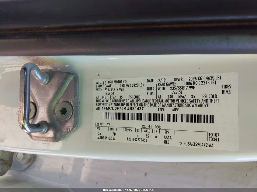 2019 FORD ESCAPE S 1FMCU0F75KUB31437