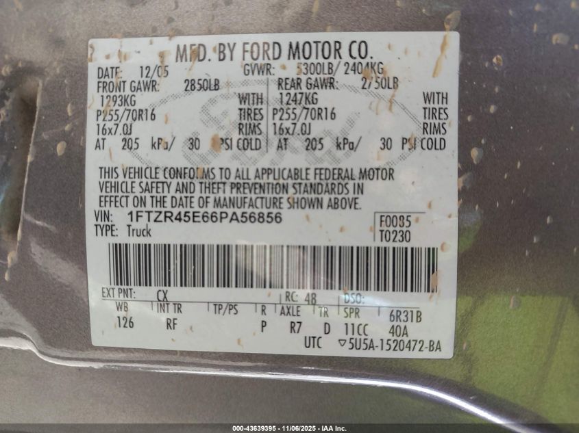 2006 Ford Ranger Fx4 Level Ii/Fx4 Off-Road/Sport/Xlt VIN: 1FTZR45E66PA56856 Lot: 43639395