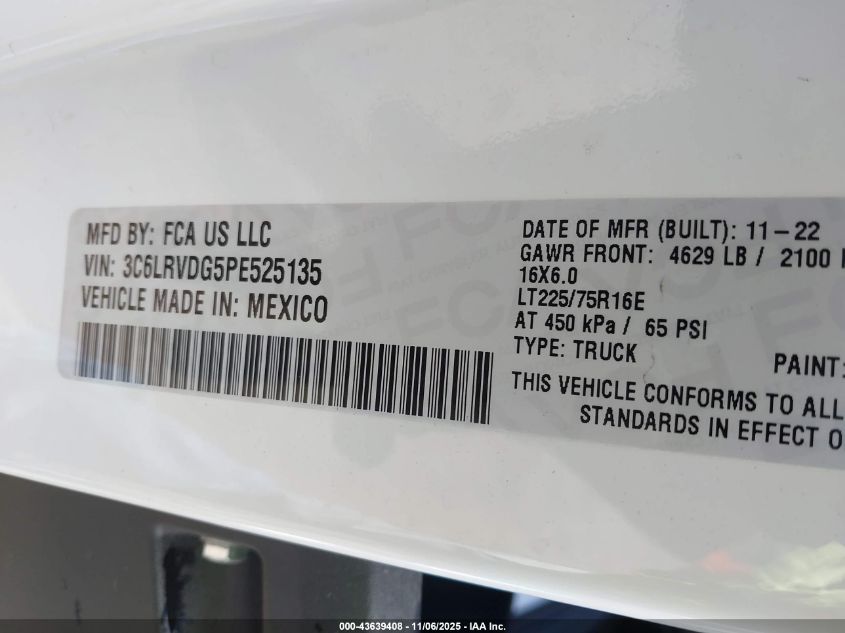 2023 Ram Promaster 2500 High Roof 159 Wb VIN: 3C6LRVDG5PE525135 Lot: 43639408