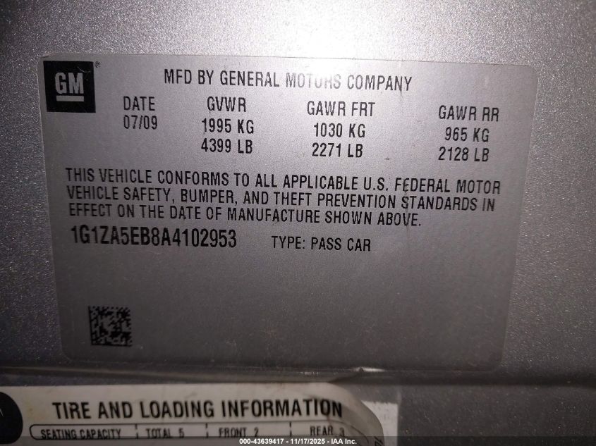 2010 Chevrolet Malibu Ls VIN: 1G1ZA5EB8A4102953 Lot: 43639417