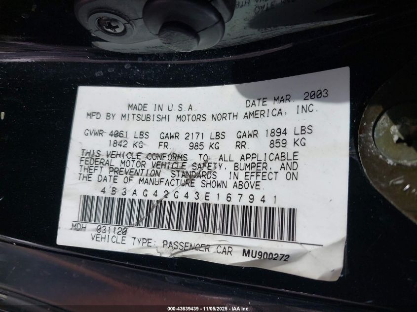 2003 Dodge Stratus Se VIN: 4B3AG42G43E167941 Lot: 43639439