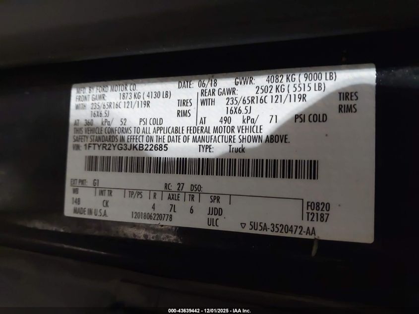 2018 Ford Transit-250 VIN: 1FTYR2YG3JKB22685 Lot: 43639442
