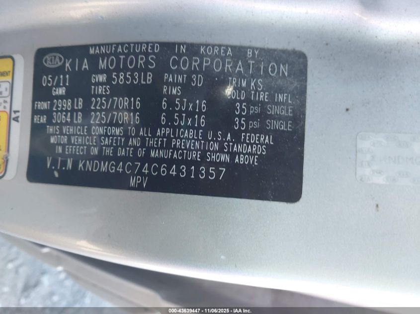 2012 Kia Sedona Lx VIN: KNDMG4C74C6431357 Lot: 43639447