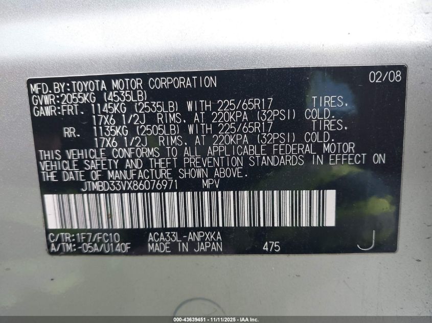 2008 Toyota Rav4 VIN: JTMBD33VX86076971 Lot: 43639451