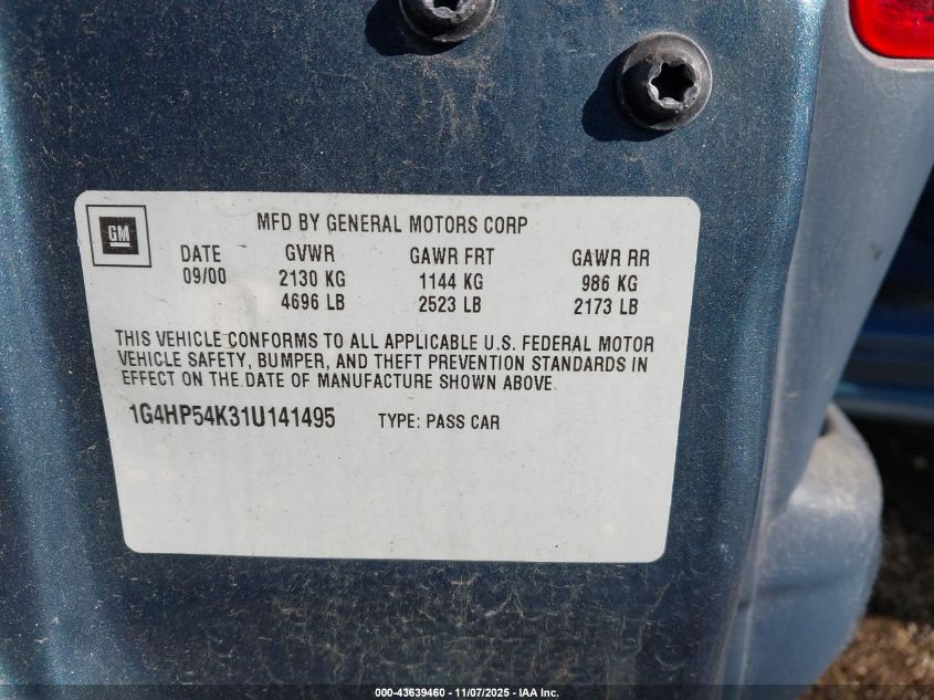 2001 Buick Lesabre Custom VIN: 1G4HP54K31U141495 Lot: 43639460