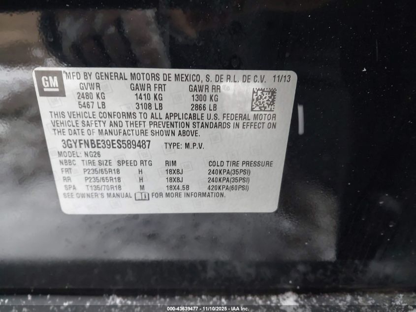 2014 Cadillac Srx Luxury Collection VIN: 3GYFNBE39ES589487 Lot: 43639477