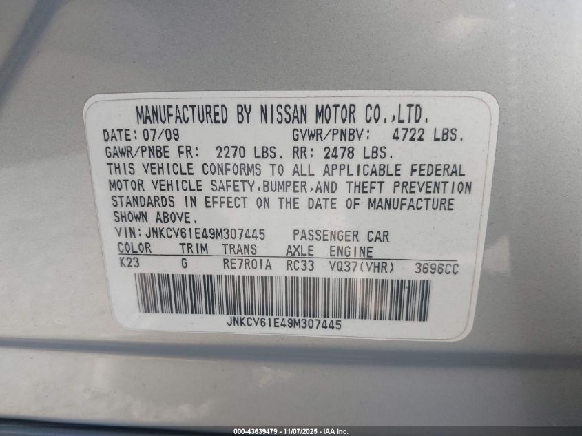 2009 Infiniti G37 Journey VIN: JNKCV61E49M307445 Lot: 43639479