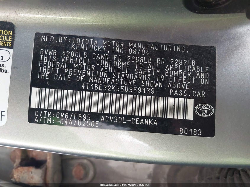 4T1BE32K55U959139 2005 TOYOTA CAMRY photo no. 9