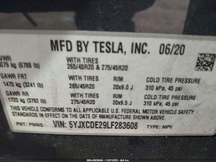 2020 Tesla Model X Long Range Dual Motor All-Wheel Drive/Long Range Plus Dual Motor All-Wheel Drive VIN: 5YJXCDE29LF283608 Lot: 43639494