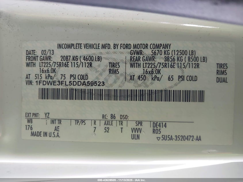 2013 Ford E-350 Cutaway VIN: 1FDWE3FL5DDA59523 Lot: 43639509