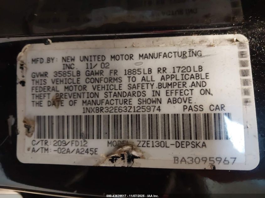 2003 Toyota Corolla S VIN: 1NXBR32E63Z125974 Lot: 43639517