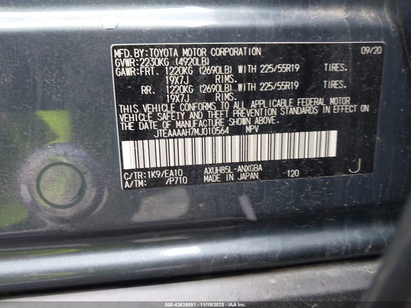 2021 TOYOTA VENZA XLE JTEAAAAH7MJ010564