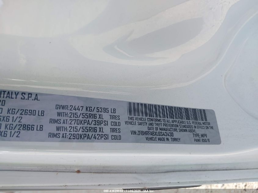 2020 Ram Promaster City Tradesman VIN: ZFBHRFABXL6S43430 Lot: 43639594