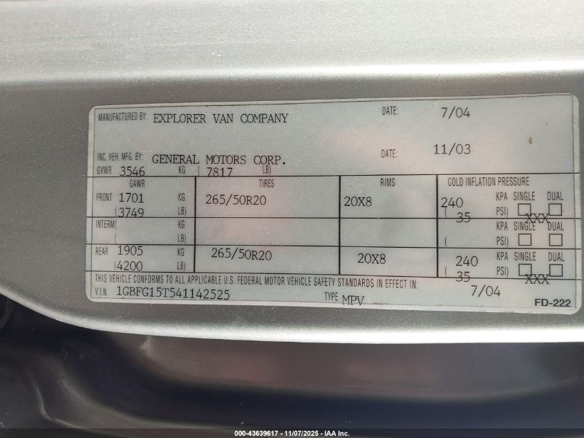 2004 Chevrolet Express VIN: 1GBFG15T541142525 Lot: 43639617