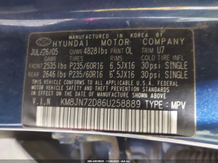 2006 Hyundai Tucson Gls/Limited VIN: KM8JN72D86U258889 Lot: 43639625