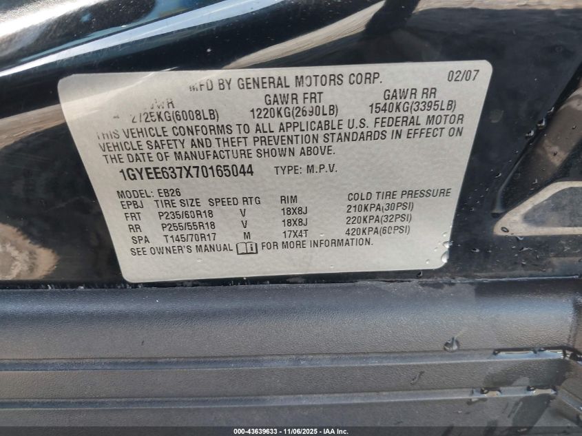 2007 Cadillac Srx V6 VIN: 1GYEE637X70165044 Lot: 43639633