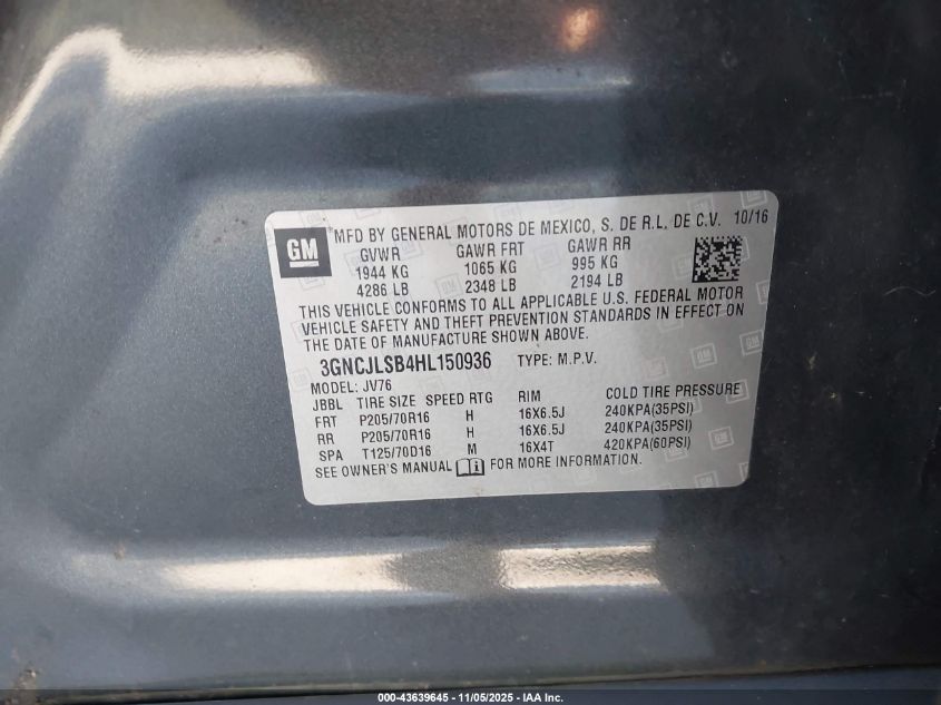 2017 Chevrolet Trax Lt VIN: 3GNCJLSB4HL150936 Lot: 43639645