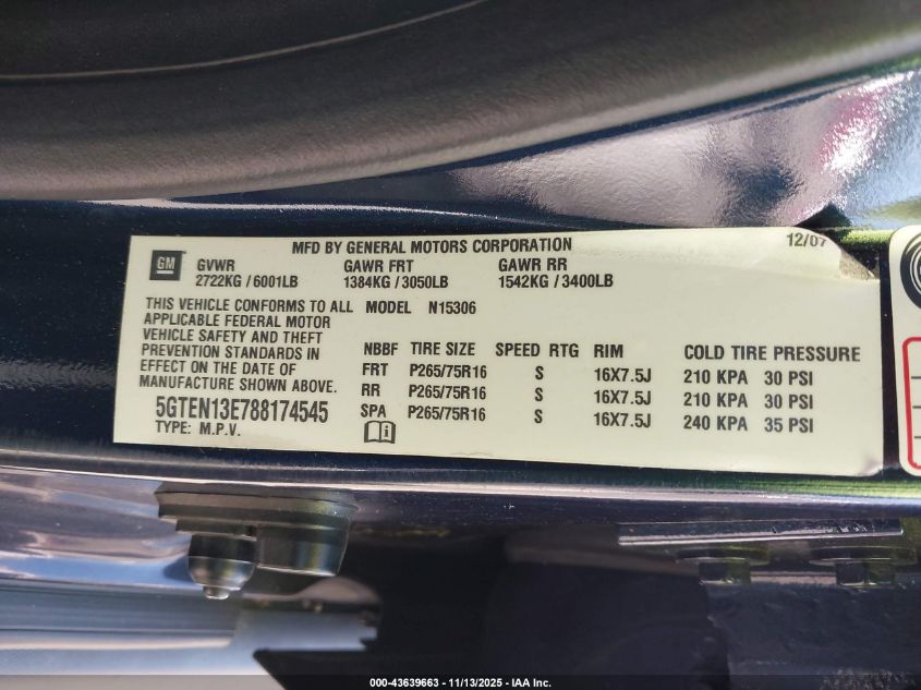 2008 Hummer H3 Suv VIN: 5GTEN13E788174545 Lot: 43639663