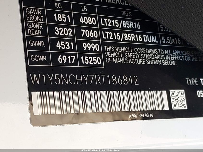 2024 Mercedes-Benz Sprinter 3500 High Roof 4-Cyl Diesel Ho VIN: W1Y5NCHY7RT186842 Lot: 43639666