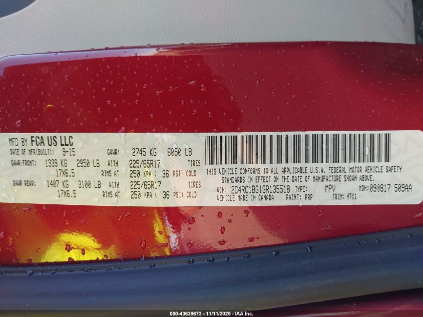 2016 Chrysler Town & Country Touring VIN: 2C4RC1BG1GR135518 Lot: 43639673