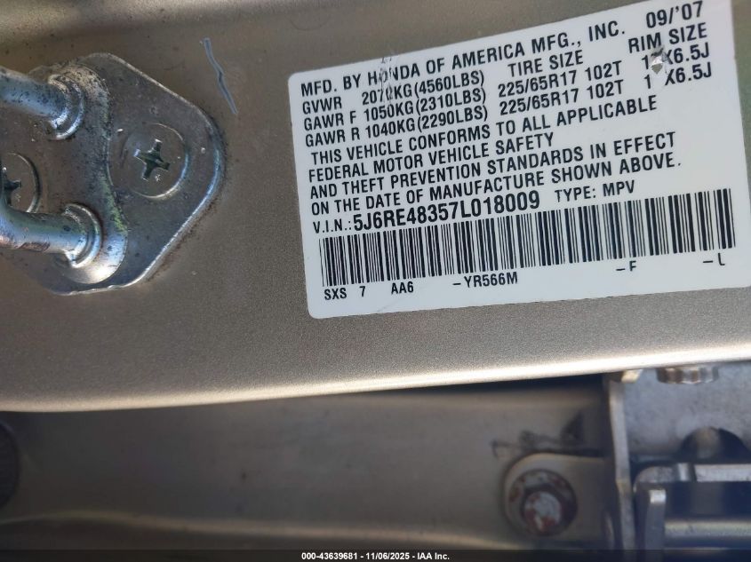 2007 Honda Cr-V Lx VIN: 5J6RE48357L018009 Lot: 43639681