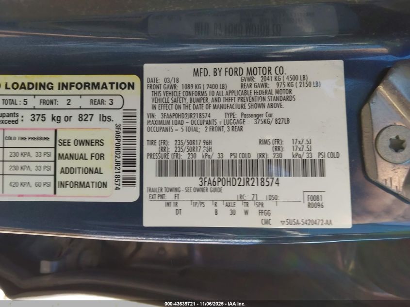 2018 Ford Fusion Se VIN: 3FA6P0HD2JR218574 Lot: 43639721