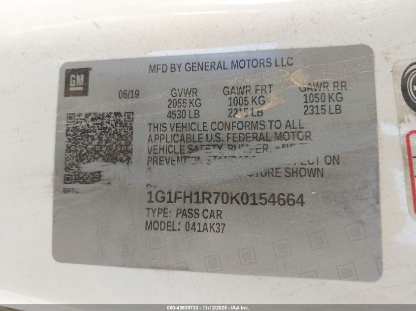 2019 Chevrolet Camaro 2Ss VIN: 1G1FH1R70K0154664 Lot: 43639733
