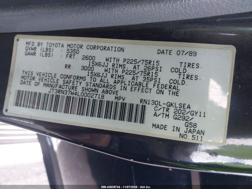 1990 Toyota 4Runner Rn37 VIN: JT3RN37W4L0002718 Lot: 43639744