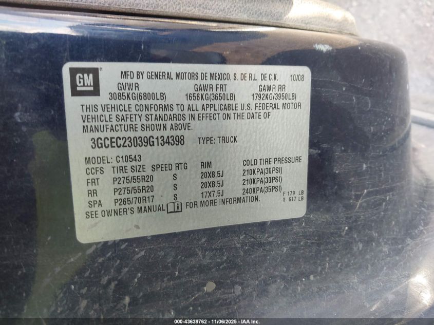 2009 Chevrolet Silverado 1500 Lt VIN: 3GCEC23039G134398 Lot: 43639762