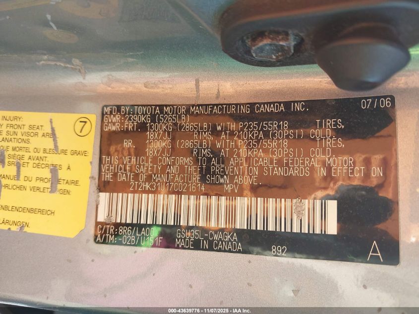 2007 Lexus Rx 350 VIN: 2T2HK31U17C021614 Lot: 43639776