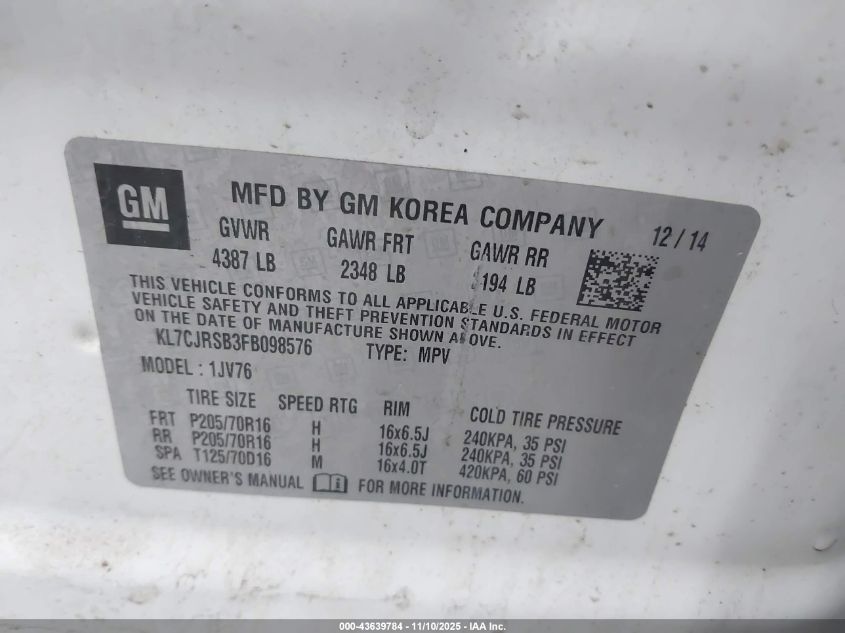 2015 Chevrolet Trax Lt VIN: KL7CJRSB3FB098576 Lot: 43639784