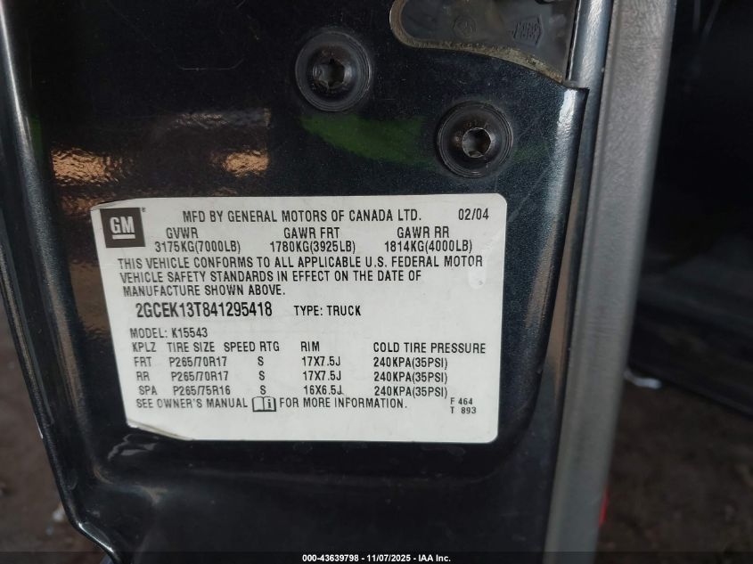 2004 Chevrolet Silverado 1500 Z71 VIN: 2GCEK13T841295418 Lot: 43639798