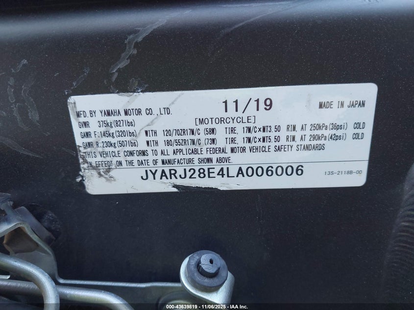 2020 Yamaha Yzfr6 VIN: JYARJ28E4LA006006 Lot: 43639819