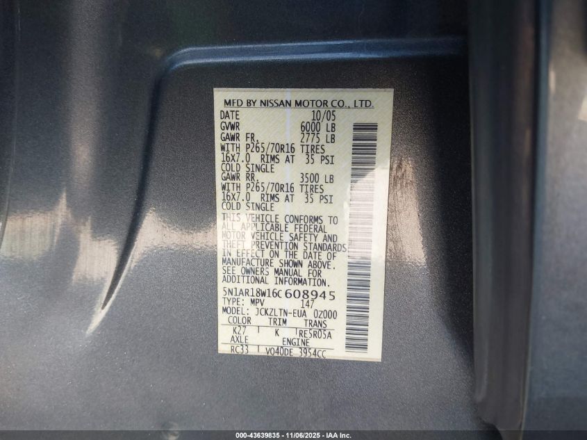 2006 Nissan Pathfinder Se VIN: 5N1AR18W16C608945 Lot: 43639835