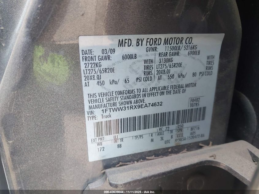 2009 Ford F-350 Fx4/Harley-Davidson/King Ranch/Lariat/Xl/Xlt VIN: 1FTWW31RX9EA74632 Lot: 43639844